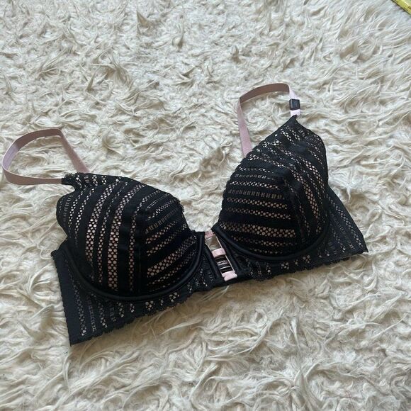 Victoria's Secret Lace Lightly Lined Plunge Black & pink Bra LUXE LINGERIE 32DD - Picture 4 of 9